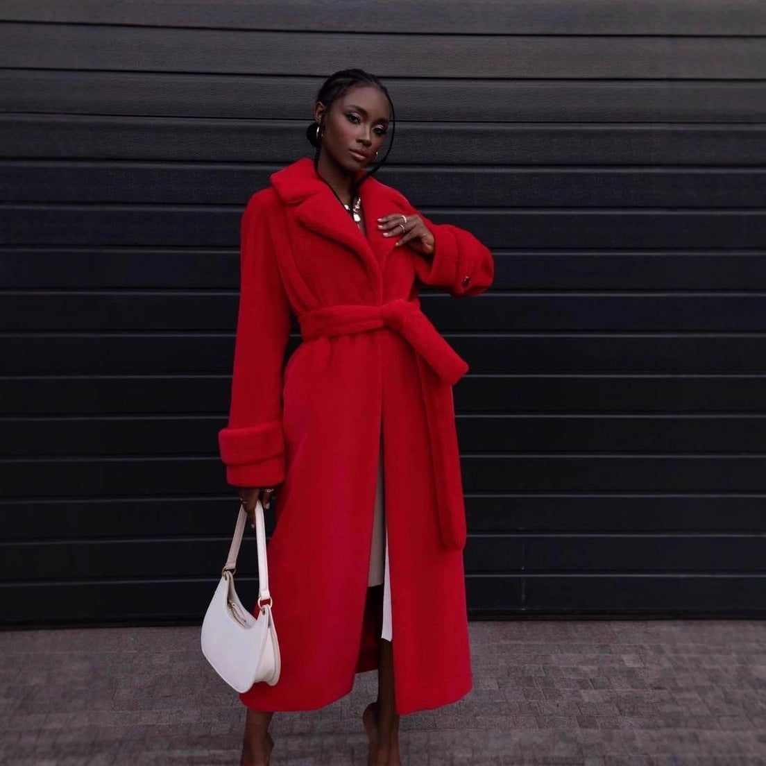 Women Elegant Maxi Wool Coat with Waist Belt, Wide Lapel and Roll-Up Cuffs Fashion Glam