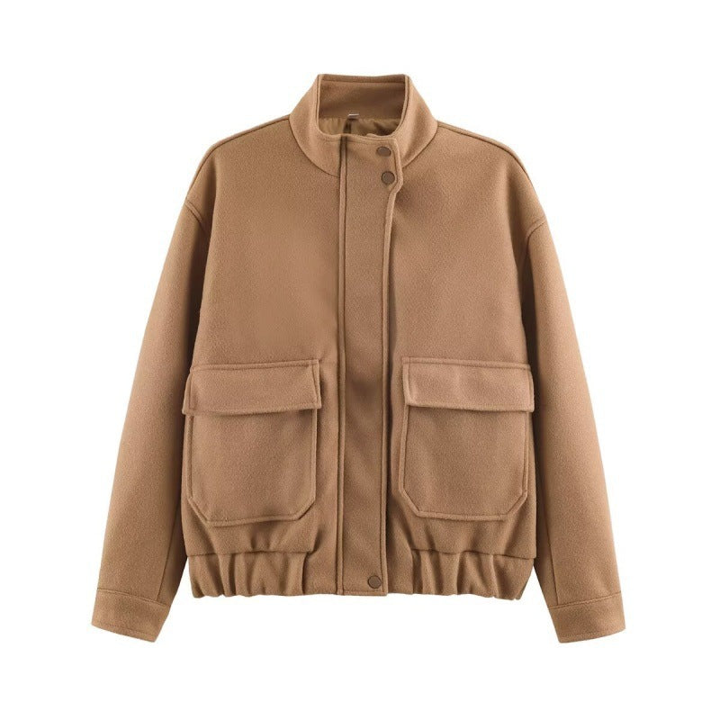 Women's Boxy Wool Blouson with Stand-up Collar, Large Flap Pockets and Elastic Hem Fashion Glam