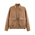 Women's Boxy Wool Blouson with Stand-up Collar, Large Flap Pockets and Elastic Hem Fashion Glam