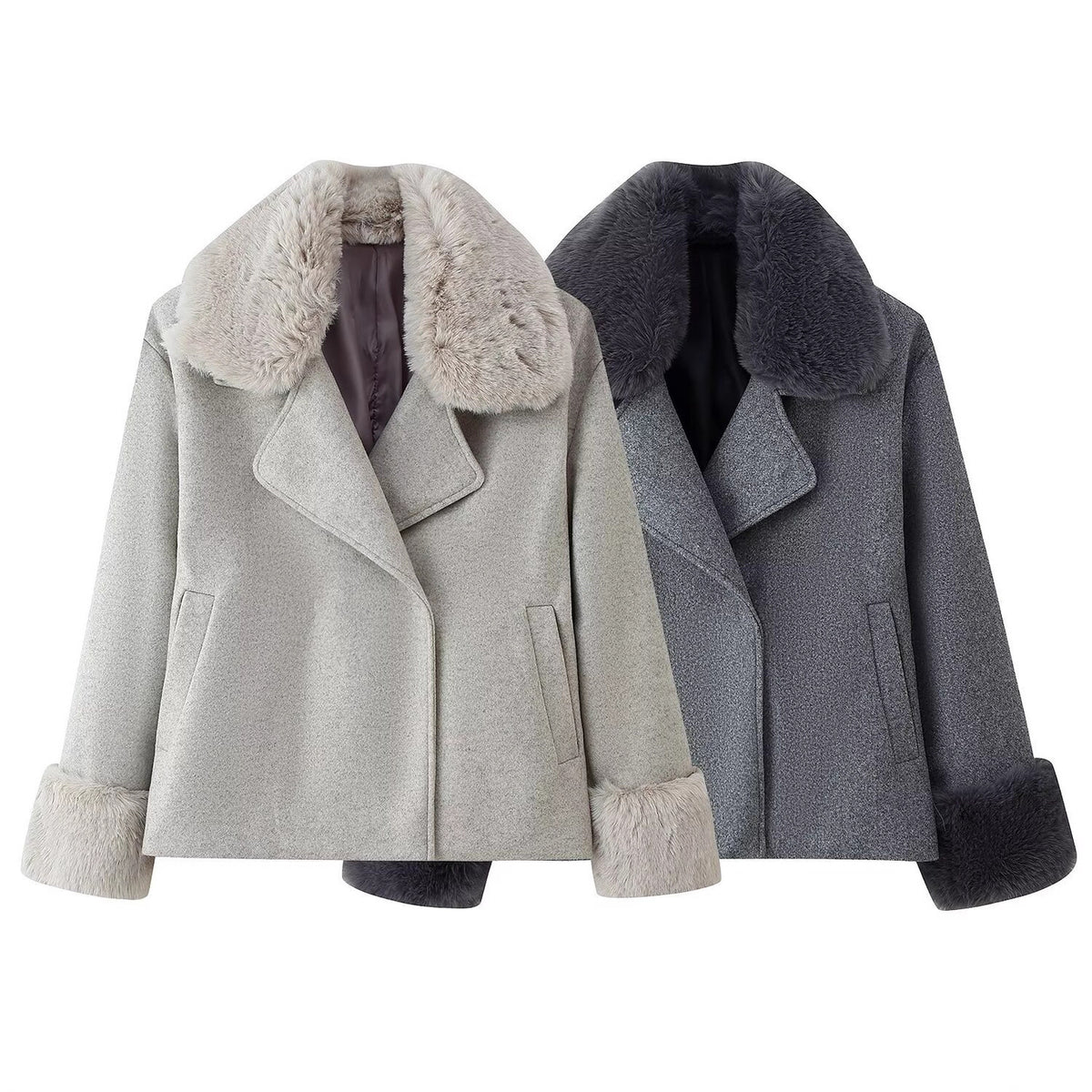 Women Short Wool Blend Coat with Removable Faux Fur Collar and Cuffs Fashion Glam
