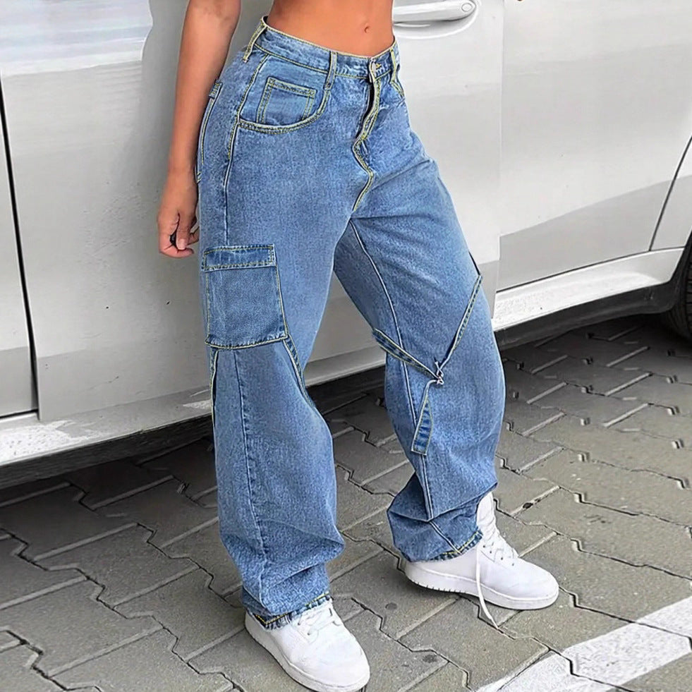 Women's Casual Baggy Cargo Jeans with Adjustable Straps and Flap Pockets Fashion Glam