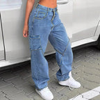 Women's Casual Baggy Cargo Jeans with Adjustable Straps and Flap Pockets Fashion Glam