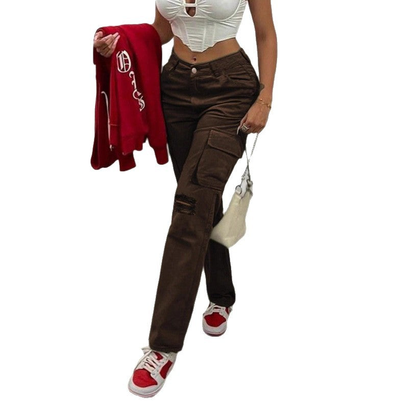 Women's cargo jeans with high waist, straight leg, knee rips, and patch cargo pockets Fashion Glam
