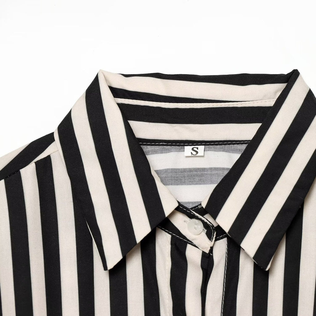 Women Long Sleeve Shirt with Vertical Stripes and Waist Tie Fashion Glam