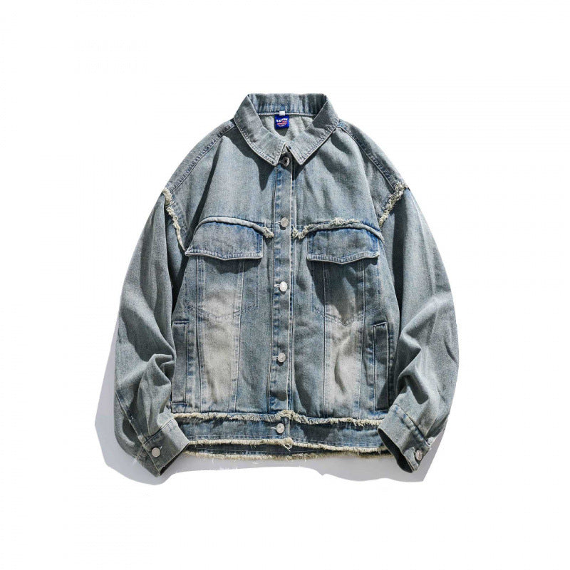 Unisex Boxy-Denim Jacket with frayed hem edges, flap pockets and vintage wash Fashion Glam