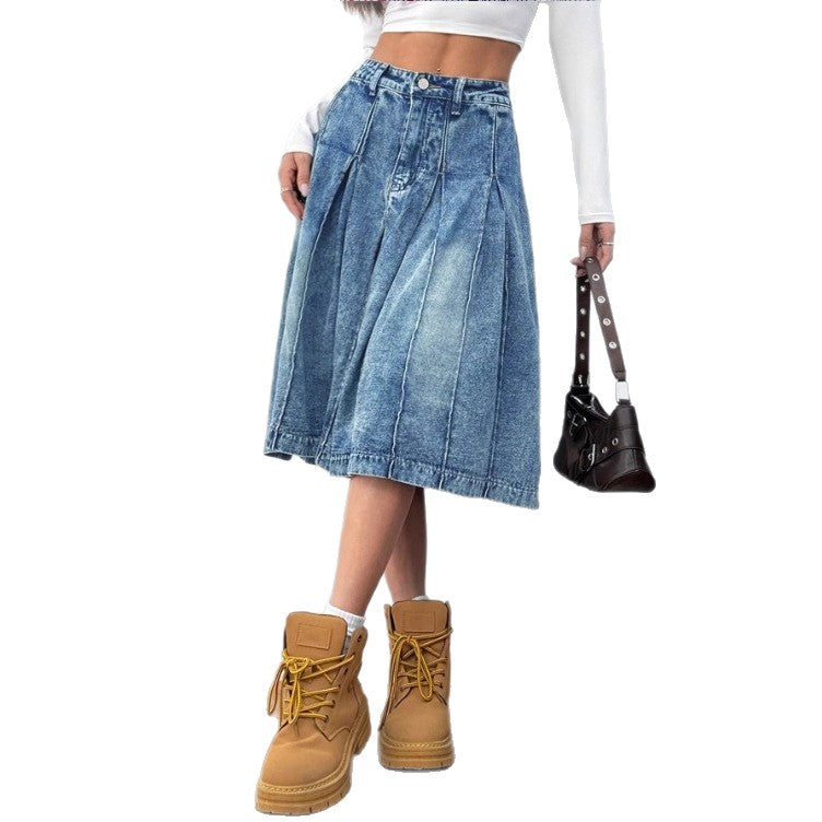 Ladies midi skirt made of denim with vintage wash, pleats and high waist Fashion Glam