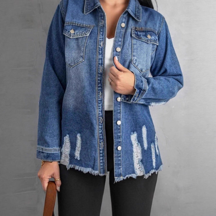Women Casual Oversized Denim Jacket with Destroyed Details, Shirt Collar and Fringed Hem Fashion Glam