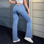 Women's High-Waisted Flared Jeans with Frayed Waistband and Center Stitch Fashion Glam