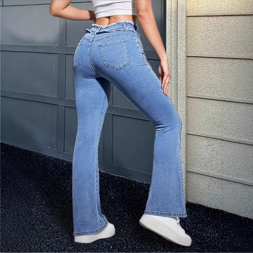 Women's High-Waisted Flared Jeans with Frayed Waistband and Center Stitch Fashion Glam