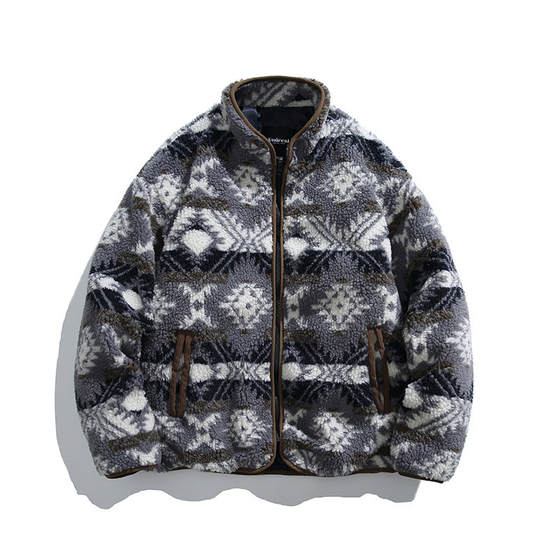 Unisex teddy fleece jacket in tribal pattern with stand-up collar and continuous zipper Fashion Glam
