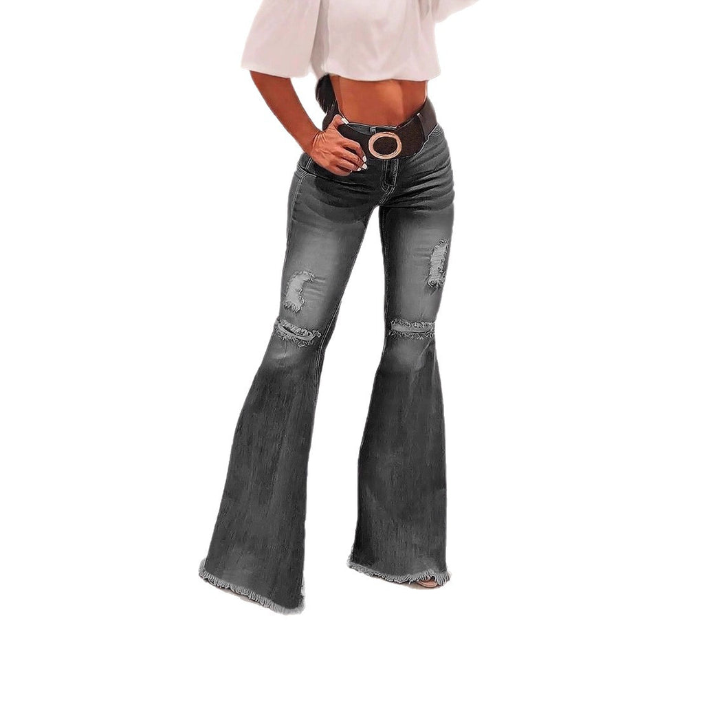 Women's High-Waisted Flared Jeans with Knee Rips, Frayed Hem and Flared Leg Fashion Glam
