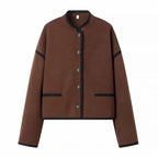 Women Cropped Boxy Jacket with Round Neckline, Contrasting Piping and Decorative Buttons Fashion Glam