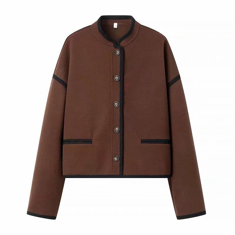 Women Cropped Boxy Jacket with Round Neckline, Contrasting Piping and Decorative Buttons Fashion Glam