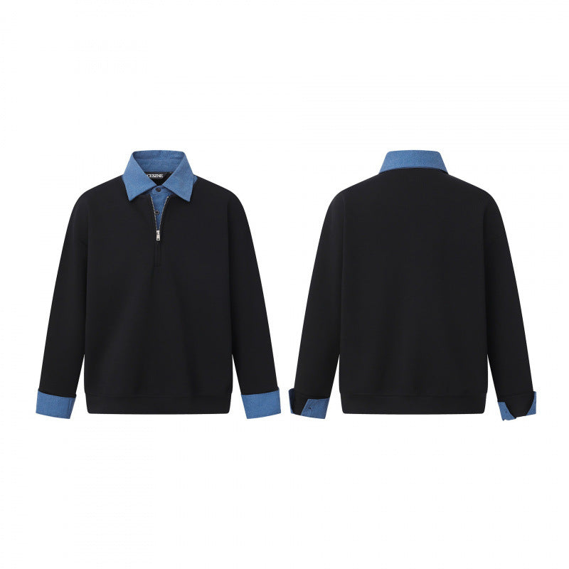 Unisex Oversize-Halfzip-Sweatshirt with contrasting shirt collar and denim cuffs Fashion Glam