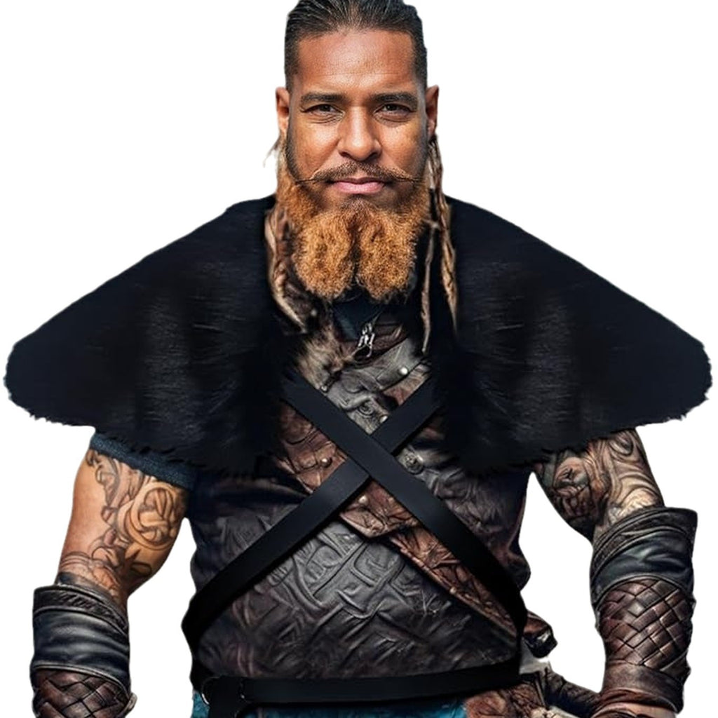 Men's Medieval Leather Jerkin with Faux Fur Shoulder Cape and Braided Arm Guards Fashion Glam