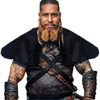 Men's Medieval Leather Jerkin with Faux Fur Shoulder Cape and Braided Arm Guards Fashion Glam