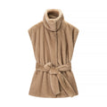 Women's Sleeveless Faux Fur Vest with Stand Collar and Waist Belt Fashion Glam