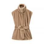 Women's Sleeveless Faux Fur Vest with Stand Collar and Waist Belt Fashion Glam