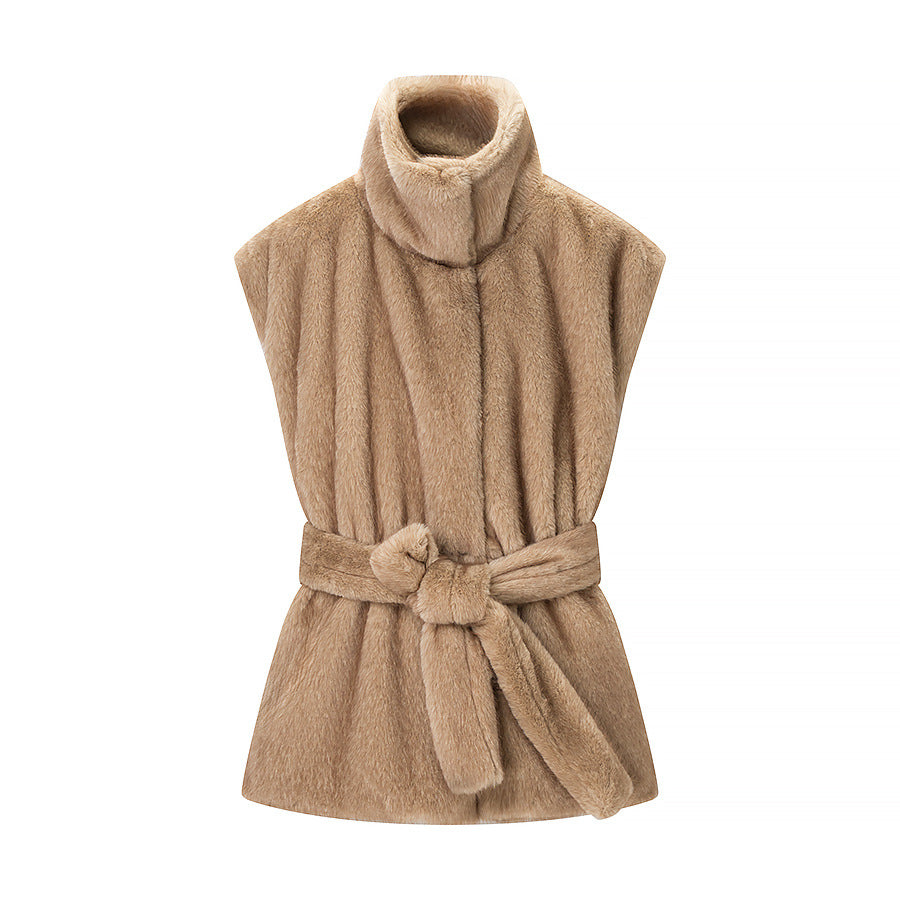 Women's Sleeveless Faux Fur Vest with Stand Collar and Waist Belt Fashion Glam