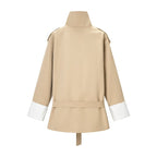 Women's Short Trench Coat with Stand Collar, Waist Belt and Contrast Cuffs Fashion Glam
