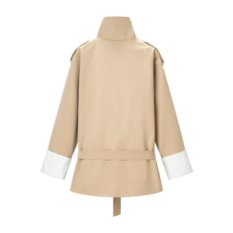 Women's Short Trench Coat with Stand Collar, Waist Belt and Contrast Cuffs Fashion Glam