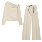 Women Off-Shoulder Fine Knit Long Sleeve with Draped Waterfall Collar Fashion Glam