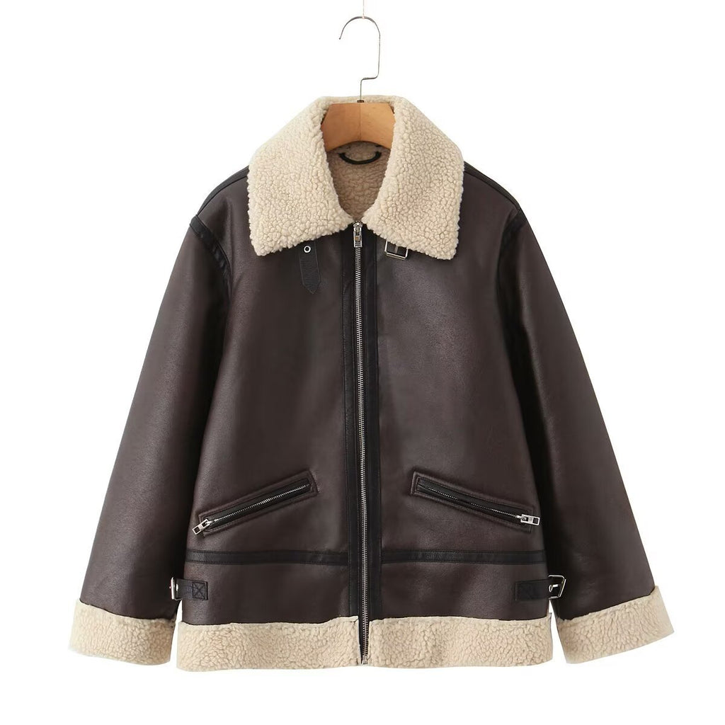 Women's Oversize Pilot Jacket made of Faux Leather with Teddy Collar and Zipper Pockets Fashion Glam