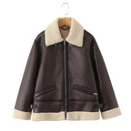 Women's Oversize Pilot Jacket made of Faux Leather with Teddy Collar and Zipper Pockets Fashion Glam