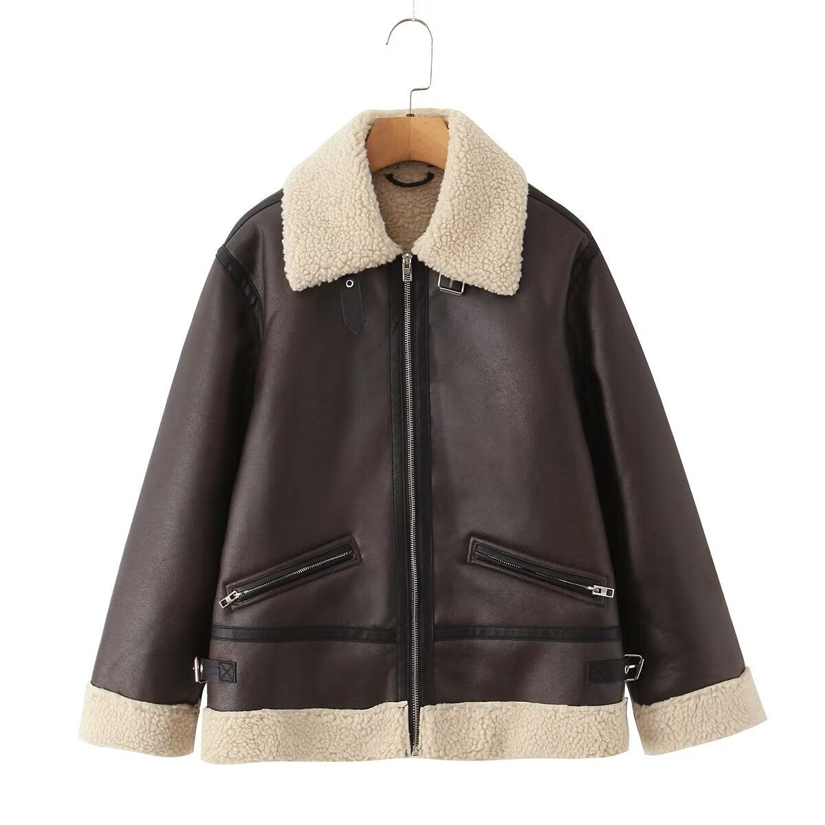 Women's Oversize Pilot Jacket made of Faux Leather with Teddy Collar and Zipper Pockets Fashion Glam