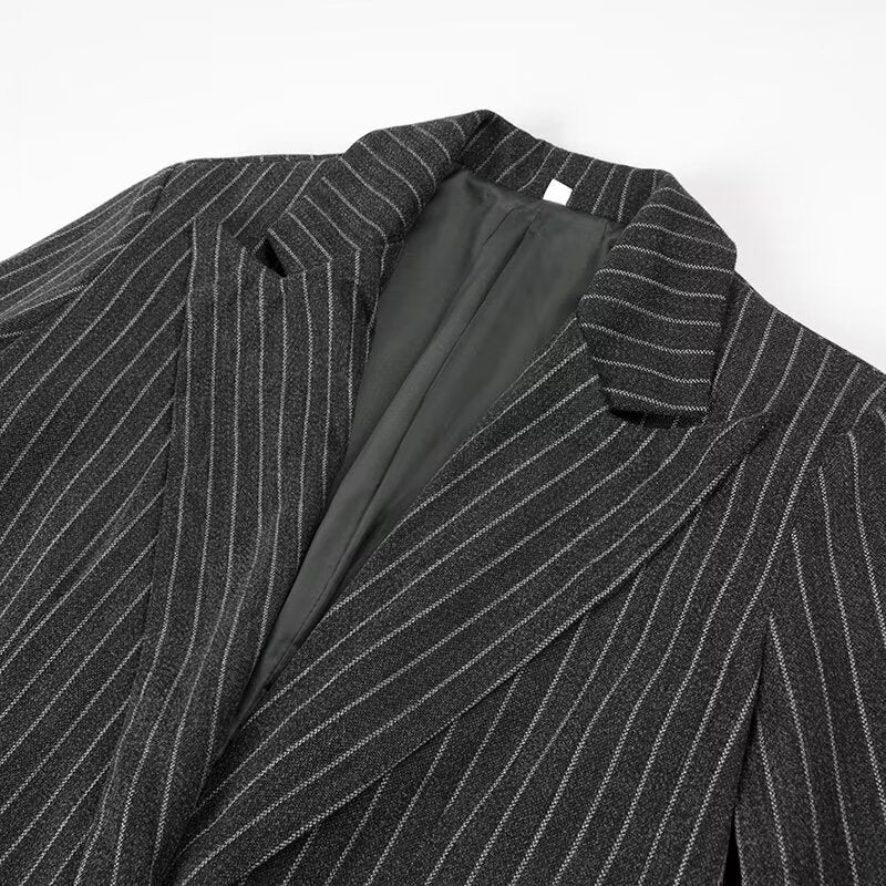 Ladies Longline Coat with Pinstripes and Double-Breasted Button Placket Fashion Glam