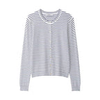 Women's fine knit cardigan with nautical striped pattern, round neckline and mother-of-pearl button placket Fashion Glam