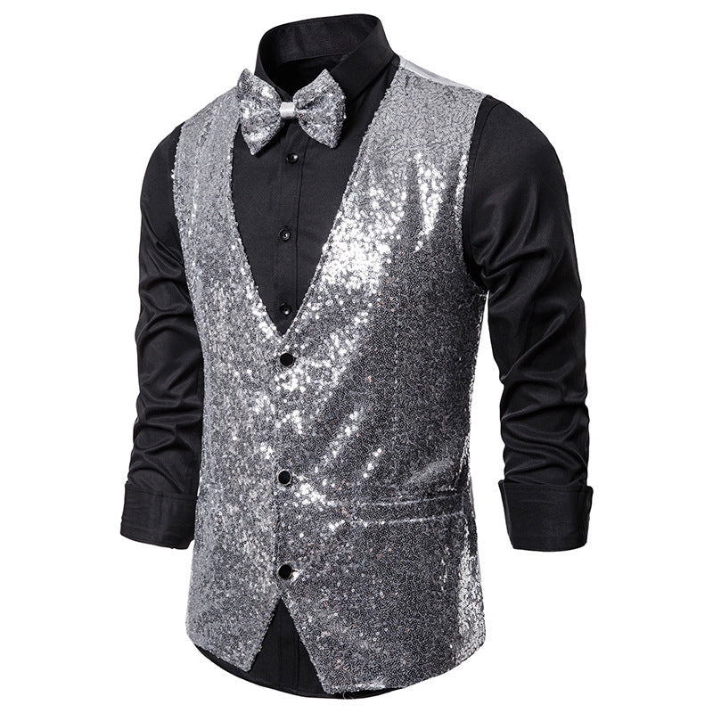 Men's Glittering Festive Vest with Matching Bow Tie Fashion Glam