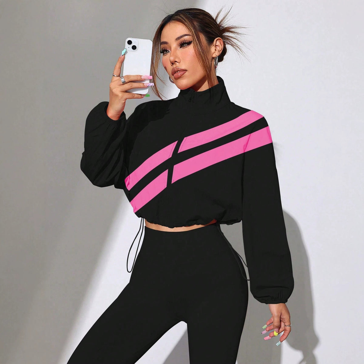 Women's Cropped Windbreaker with Stand-up Collar, Zipper and Drawstring Waist Fashion Glam