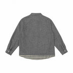 Unisex Oversize Wool Blend Shirt Jacket with Stand-up Collar, Snap Button Placket and Checked Hem Band Fashion Glam