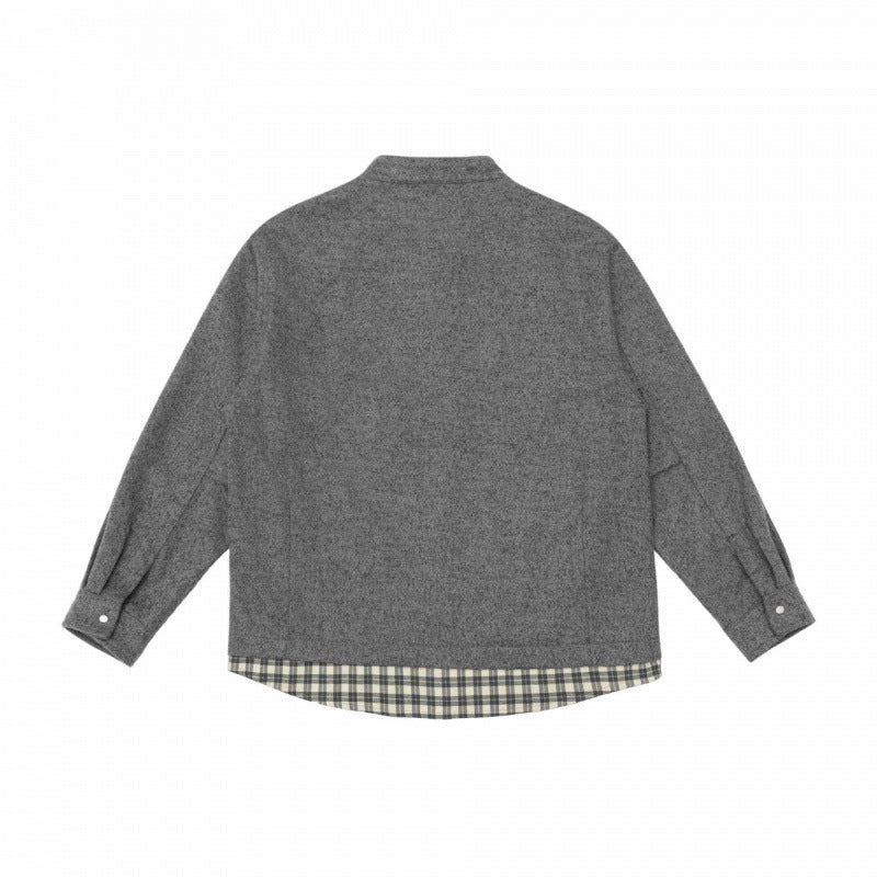 Unisex Oversize Wool Blend Shirt Jacket with Stand-up Collar, Snap Button Placket and Checked Hem Band Fashion Glam