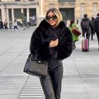 Women Short Boxy Faux Fur Blouson with Voluminous Shawl Collar Fashion Glam