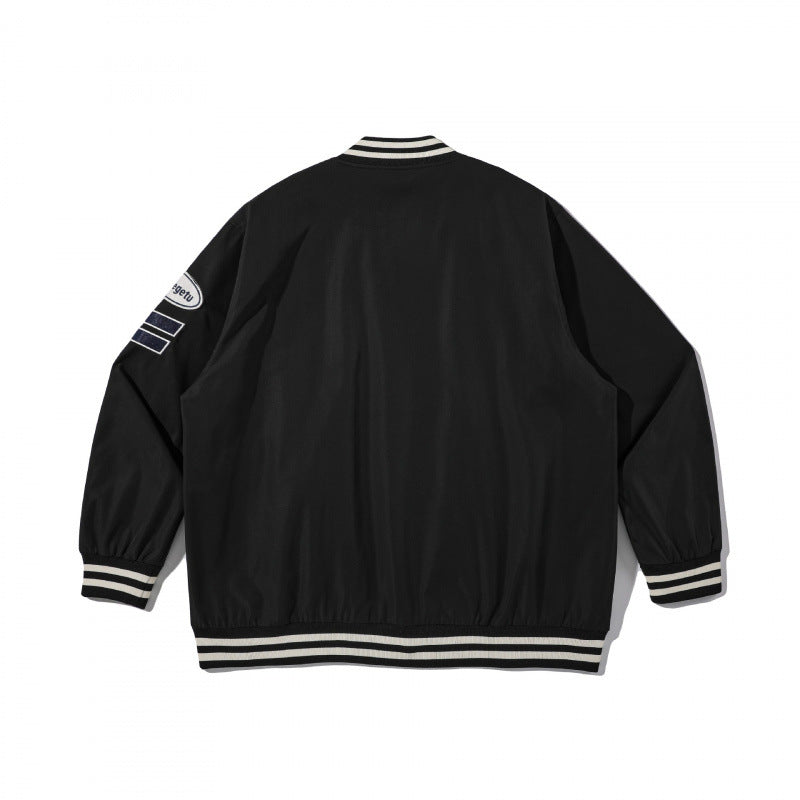 Unisex College Bomber Jacket with quilted patch, striped ribbed hems and snap button placket Fashion Glam