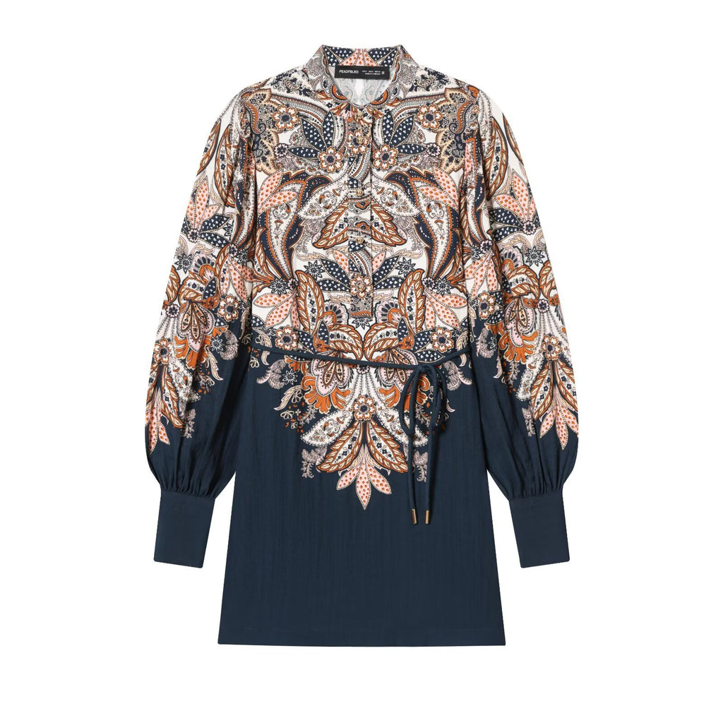 Women's Patterned Tunic Dress with Ties, Stand Collar and Balloon Sleeves Fashion Glam