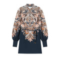 Women's Patterned Tunic Dress with Ties, Stand Collar and Balloon Sleeves Fashion Glam
