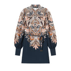 Women's Patterned Tunic Dress with Ties, Stand Collar and Balloon Sleeves Fashion Glam