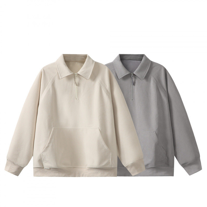 Unisex Oversize Half-zip Sweatshirt with Polo Collar, Waffle Structure and Kangaroo Pocket Fashion Glam