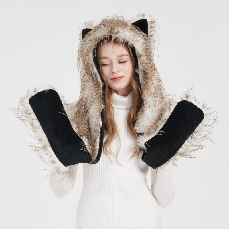 Women's hooded scarf made of luxurious faux fur with ear application and long stola ends Fashion Glam