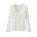 Ladies figure-hugging lace blouse with ruffle V-neck and tie detail Fashion Glam