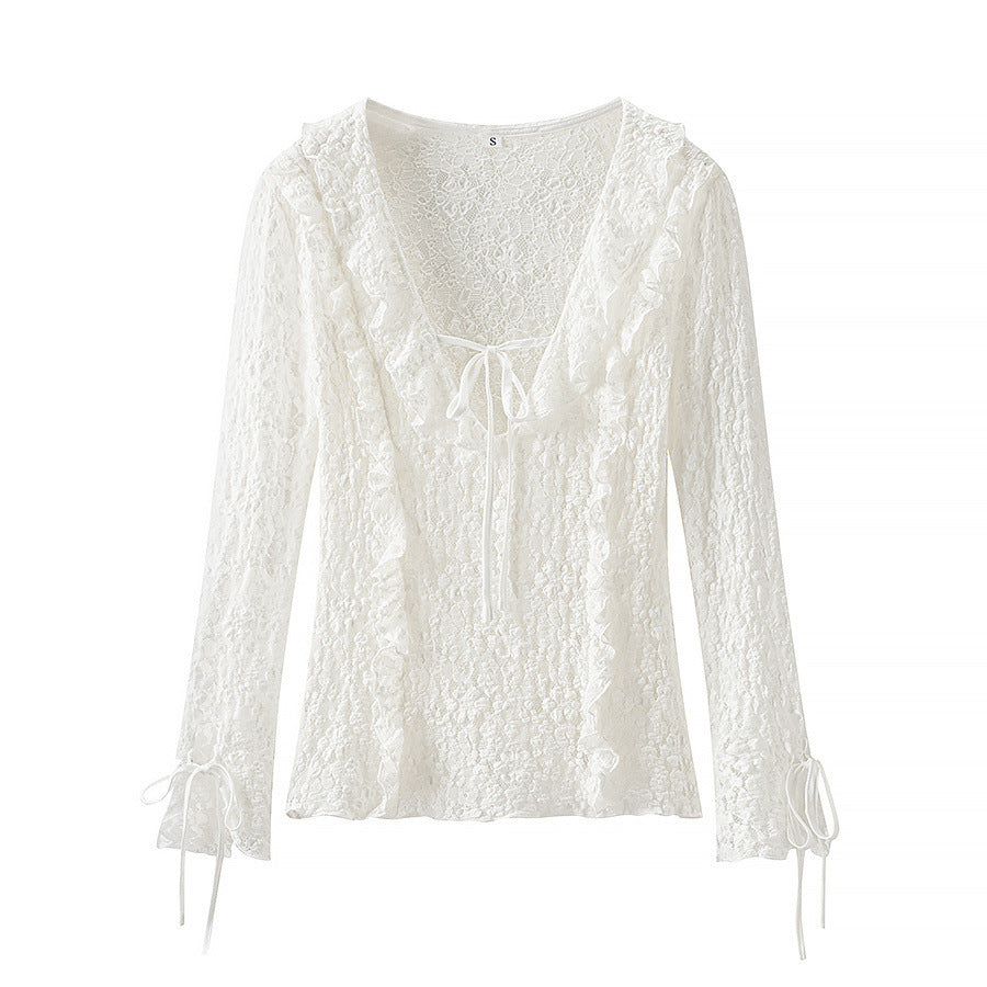 Ladies figure-hugging lace blouse with ruffle V-neck and tie detail Fashion Glam