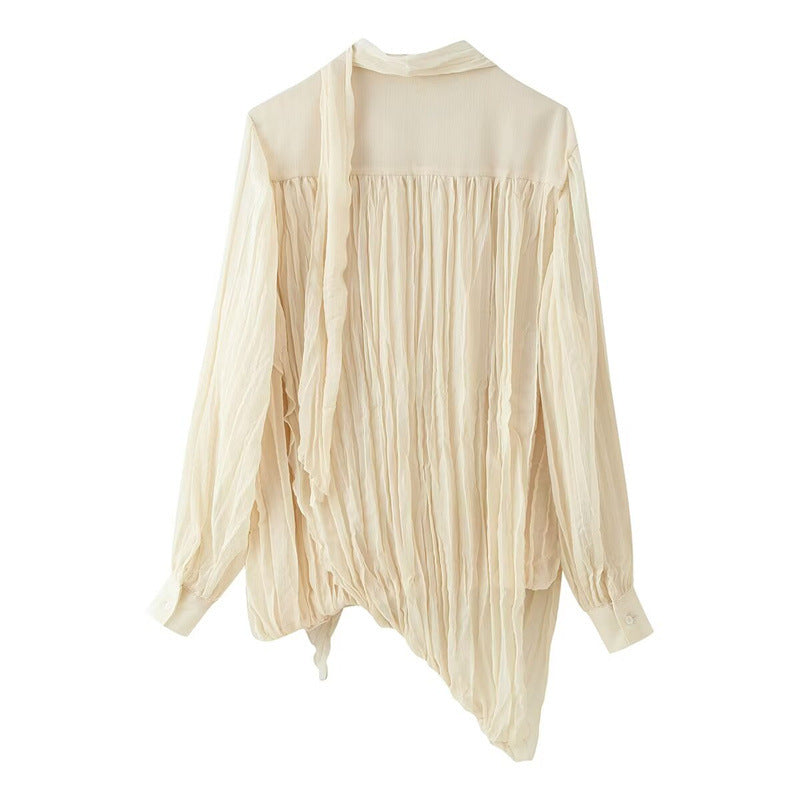 Women Transparent Pleated Chiffon Blouse with Neck Scarf Bow and Asymmetric Hem Fashion Glam