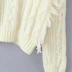 Women's Chunky Knit V-Neck Sweater with Cable Pattern and Fringes Fashion Glam