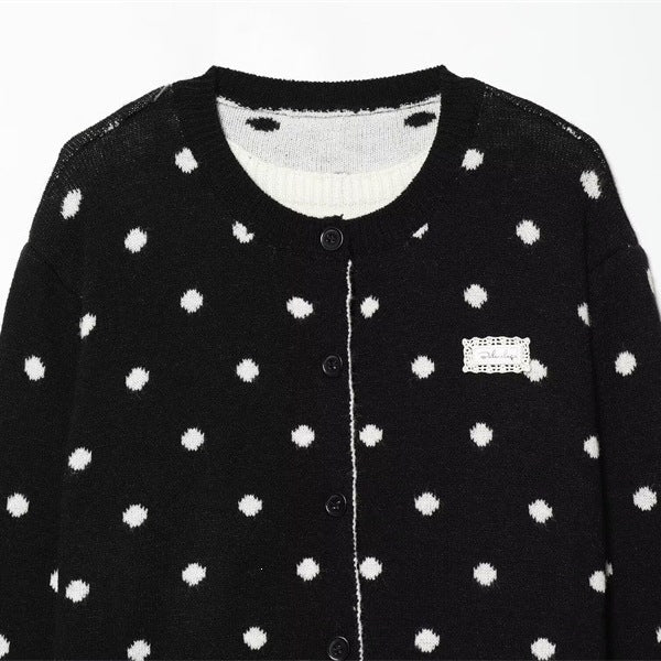 Women's Dotted Knit Cardigan with Round Neck and Button Placket Fashion Glam