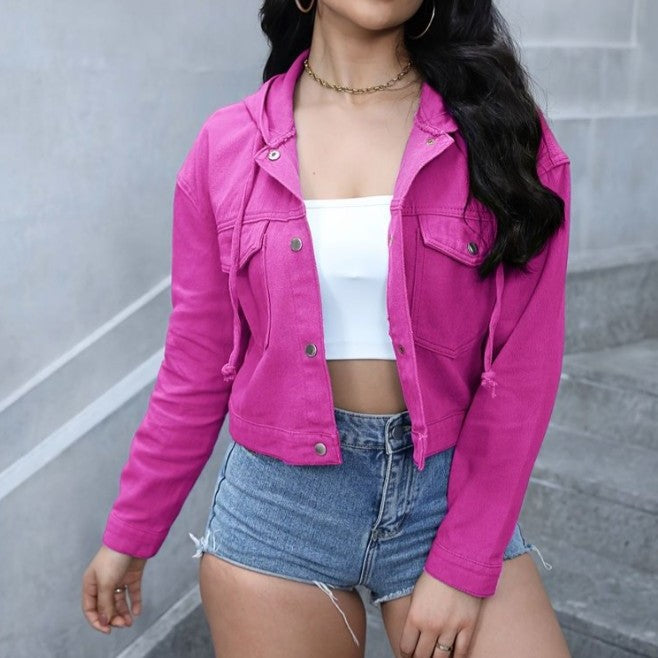 Women's Cropped Denim Jacket with Hood, Snap Button Front and Tailored Fit Fashion Glam