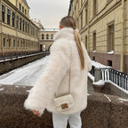 Women's Mid-length Faux Fur Coat with Long Fiber Shaggy Look and Concealing A-Line Fashion Glam