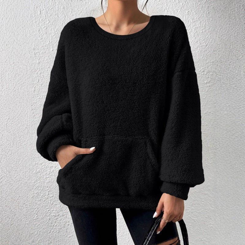 Ladies Cozy Oversized Sherpa Sweater with Kangaroo Pocket and Balloon Sleeves Fashion Glam